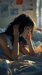 Obraz premium The young woman, with tousled hair, reflects quietly in her cozy bedroom, illuminated by warm morning sunlight