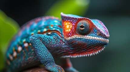 Obraz premium Vibrant chameleon displaying vivid colors on a green leaf.
