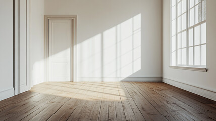 Brightly lit empty room with wooden flooring in a modern design during the afternoon light