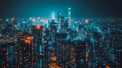 Smart digital city with connection network reciprocity over the cityscape . Concept of future smart wireless digital city and social media networking systems that connects people within the city