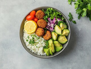 Delicious Vegan Bowl with Falafel, Avocado, Rice, and Fresh Vegetables on a Grey Minimalist Background. Top View Flat Lay for Healthy Eating Lifestyle.