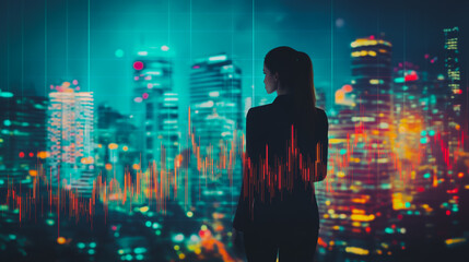 Fototapeta premium Abstract business woman stands on the peak of success amid tall, innovative Smart city and graphs with statistics to analyze business potential and predict future developments in company growth.