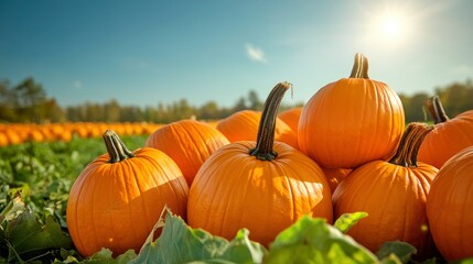 Ripe Pumpkins in a Field on a Sunny Day