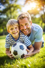 Fototapeta premium happy father and son playing soccer on the grass