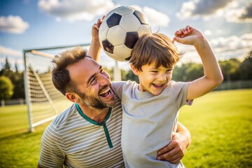 father and son playing football