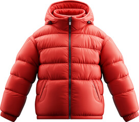 Bright red winter jacket isolated on transparent background.