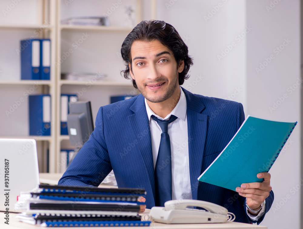 Poster young handsome businessman working in the office