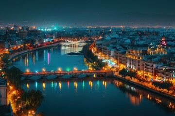 Obraz premium aerial view of the city with river and bridge at night, vibrant lights on buildings