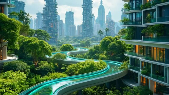 Futuristic green city merges with lush forest. Sustainable architecture integrates seamlessly with nature. Clean energy technology and vibrant flora coexist. 