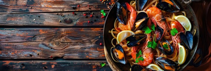 Fototapeta premium Seafood Pasta Dish with Mussels and Shrimps on a Wooden Surface