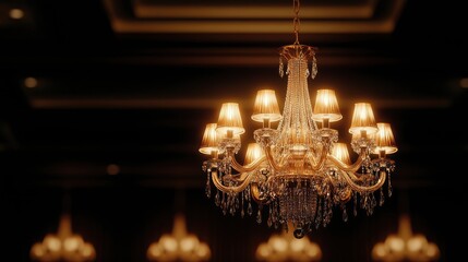 Elegant Crystal Chandelier with Warm Lighting in a Dark Room