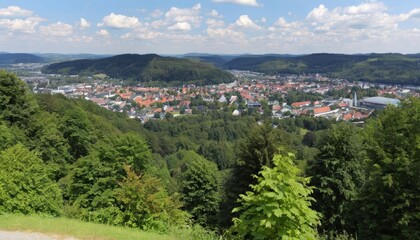  Panoramic view of a picturesque town nestled in a valley surrounded by lush greenery