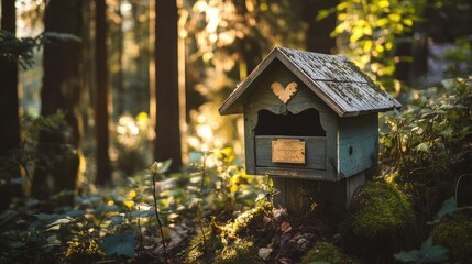 A wooden birdhouse sits nestled in the forest amongst green foliage and moss with sunlight filtering through the trees.
