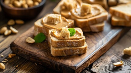 Fototapeta premium Creamy Peanut Butter Toast on Wooden Board with Fresh Slices and Nutty Flavor, print for National Peanut Butter Day