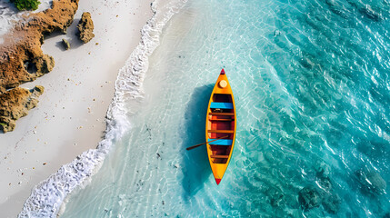 Obraz premium A colorful canoe on the beach, bird's eye view,high definition photography, clean white sand, clear turquoise sea water, waves lapping at shore edge,a sense of calmness in the scene
