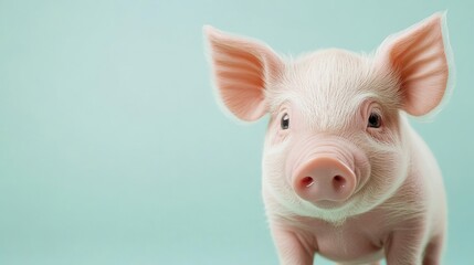 Fototapeta premium Closeup of a cute piglet with pink skin and large ears looking at the camera on a light blue background.