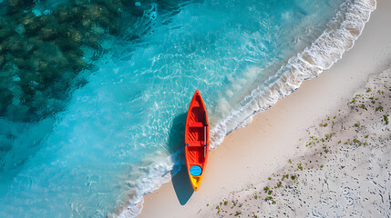 Fototapeta premium A colorful canoe on the beach, bird's eye view,high definition photography, clean white sand, clear turquoise sea water, waves lapping at shore edge,a sense of calmness in the scene