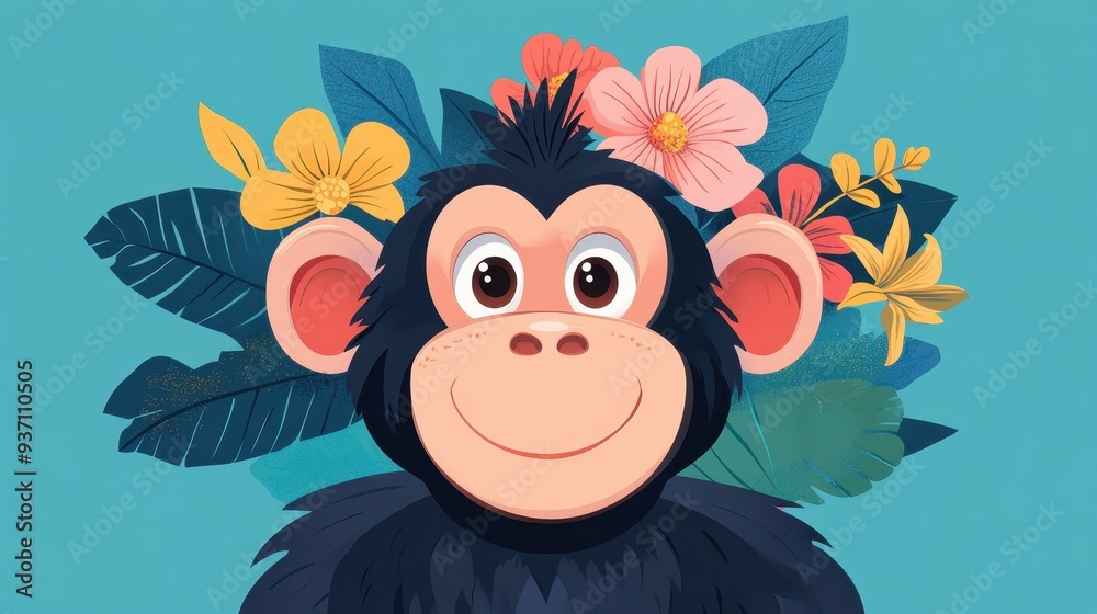 Sticker A vibrant monkey illustration, surrounded by lush greenery and bright flowers, showcases a playful tropical theme.