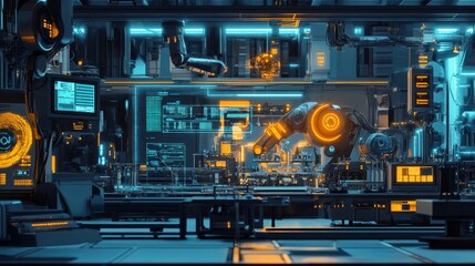 Fototapeta premium Futuristic industry 4 0 factory floor with robots and IoT devices seamlessly integrating, optimizing production