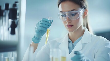 Fototapeta premium Female Scientist Conducting Research in a Chemistry Laboratory with Lab Equipment and Glassware, print for National Chemistry Week
