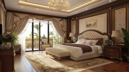 Luxurious bedroom interior with large bed, ornate headboard, and plush rug.