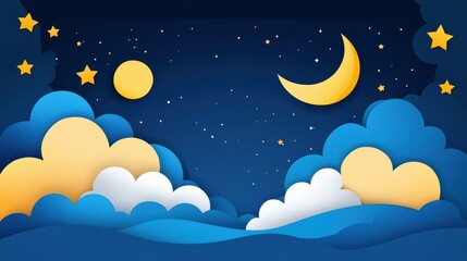 Fototapeta premium Experience a whimsical night sky filled with enchanting clouds and twinkling stars, perfect for contemporary cartoon art.