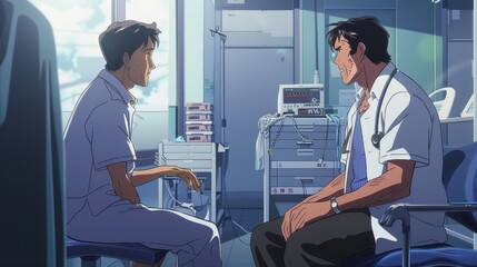 A doctor engages in a meaningful conversation with his patient in a bright, clinical setting