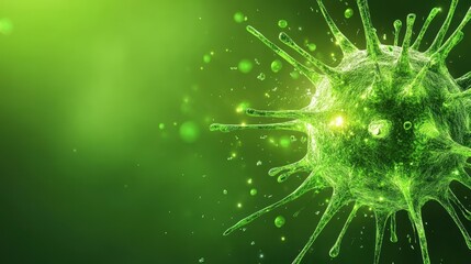 A vibrant green virus is illustrated with detailed textures, merging playfulness with modern design elements.