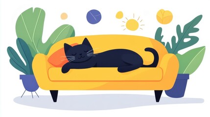 A serene black cat rests peacefully on a cozy couch, ideal for cat lovers art collection. Charming and tranquil scene.