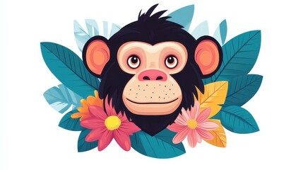 Naklejka premium A vibrant, flat design of a playful monkey set against a backdrop of tropical leaves and bright flowers.