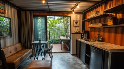 Modern industrial living space with leather sofa, small table, and a kitchen counter, all in a shipping container, and a view of the lush green garden.