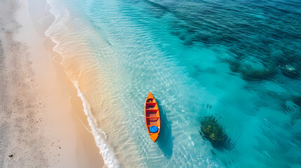 Fototapeta premium A colorful canoe on the beach, bird's eye view,high definition photography, clean white sand, clear turquoise sea water, waves lapping at shore edge,a sense of calmness in the scene