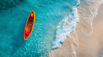 Fototapeta premium A colorful canoe on the beach, bird's eye view,high definition photography, clean white sand, clear turquoise sea water, waves lapping at shore edge,a sense of calmness in the scene