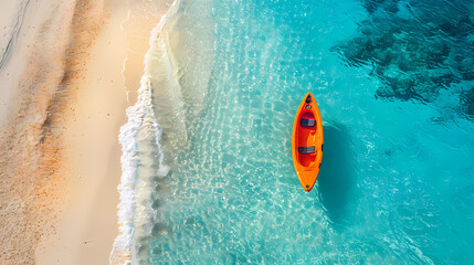 Fototapeta premium A colorful canoe on the beach, bird's eye view,high definition photography, clean white sand, clear turquoise sea water, waves lapping at shore edge,a sense of calmness in the scene