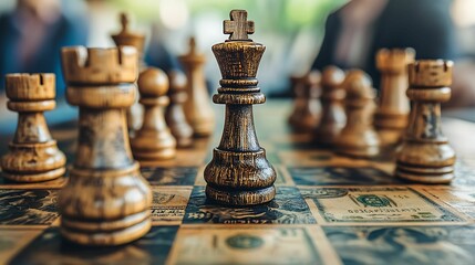Fototapeta premium A close-up of wooden chess pieces on a board featuring a money-themed design, symbolizing strategic decision-making in finance and business.