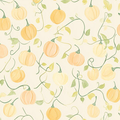 Hand-drawn pumpkin and vine seamless pattern with soft colors on a light background 밝은 배경에 부드러운 색조의 손으로 그린 호박과 덩굴 무결점 패턴