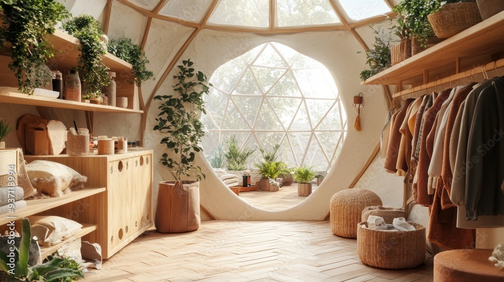 Sticker Cozy and minimalist interior of a geodesic dome home with wood shelves, plants, and a large window overlooking a lush forest.