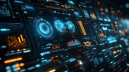 Fototapeta premium A close-up of a futuristic digital interface displaying data visualizations, graphs, and circular HUD elements in a glowing, high-tech design.