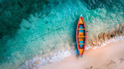 Obraz premium A colorful canoe on the beach, bird's eye view,high definition photography, clean white sand, clear turquoise sea water, waves lapping at shore edge,a sense of calmness in the scene