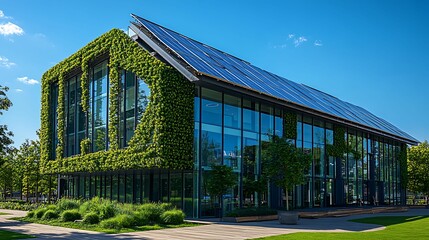 Fototapeta premium A contemporary building with a green facade and solar panels on the roof, showcasing sustainable architecture and energy efficiency in an urban setting.