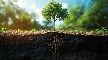 A cross-section view of a tree with deep roots growing in rich soil, symbolizing growth, stability, and natural resilience.