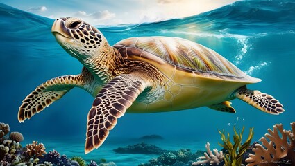 Fototapeta premium A majestic sea turtle glides effortlessly through water