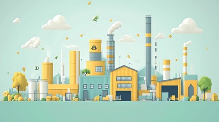 Obraz premium Colorful cartoon-style illustration of an eco-friendly recycling factory with smokestacks, wind turbines, and floating recycling icons symbolizing sustainability.