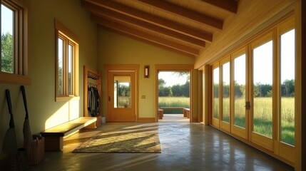 A bright and airy entryway with a wood floor, a bench, a rug, and a view of a grassy field.