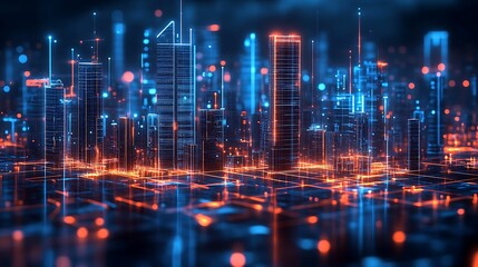 Obraz premium A futuristic cityscape illuminated by vibrant neon blue and orange lights, showcasing a high-tech, digital urban environment with holographic elements.