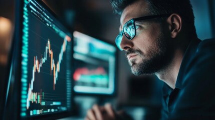 Technical analysis to analyze stock market or cryptocurrency data movement, trend analysis, buy and sell indicator chart concept, businessman trader analyze candlestick chart. 
