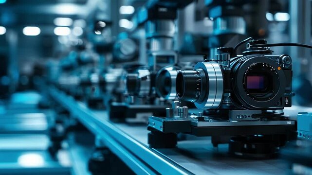 Inside a factory, modern digital cameras are being manufactured on a high tech production line, showcasing innovative technology