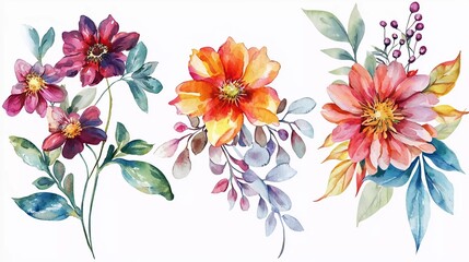 Set watercolor hand painted with colorful flowers which is very beautiful