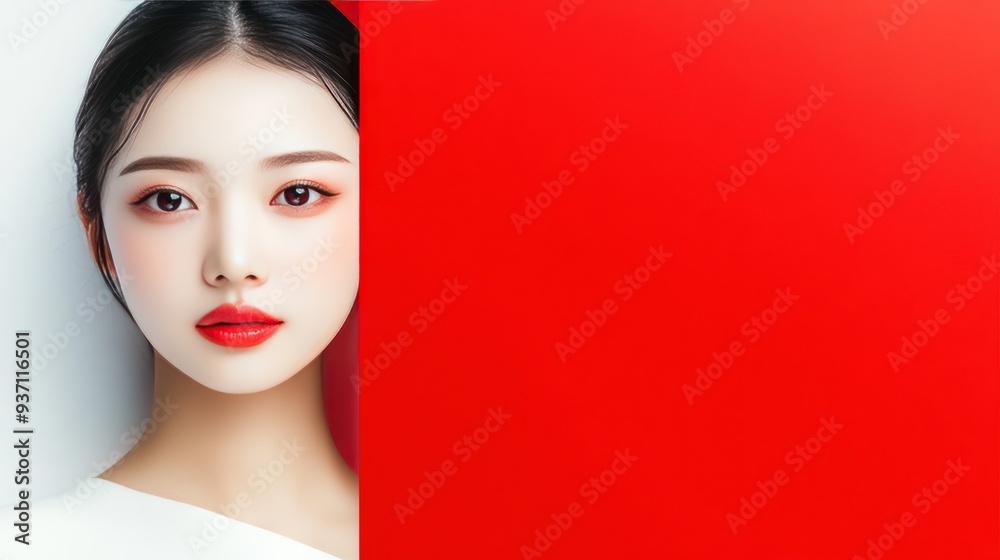 Poster Young woman with red lipstick peeking out from behind a red background.