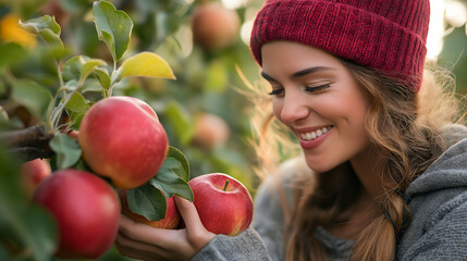 Joyful Woman Picking Fresh Red Apples in Autumn Orchard Garden, print for Apple Day